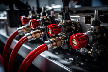 Obraz premium Close-Up of Pneumatic Tools and Compressed Air System in Industrial Setting, Highlighting Precision and Modern Manufacturing Technology