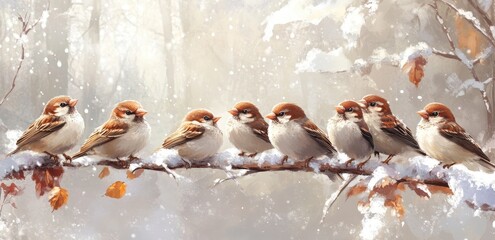 Flock of Cute and Playful Birds Resting Together on a Sunny Branch