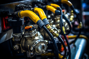 Obraz premium Close-Up of Pneumatic Tools and Compressed Air System in Industrial Setting, Highlighting Precision and Modern Manufacturing Technology
