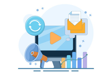 Fototapeta premium marketing automation concept. automated, repeatable, and more efficient marketing system. digital marketing and technology. computer monitor. flat style design vector illustration.