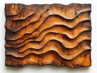 A close-up of a wooden wall art piece with a wavy, abstract design.