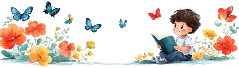 spring time inspired story cute cartoon illustration. Child reading a story about butterflies and blossoms, flat design illustration