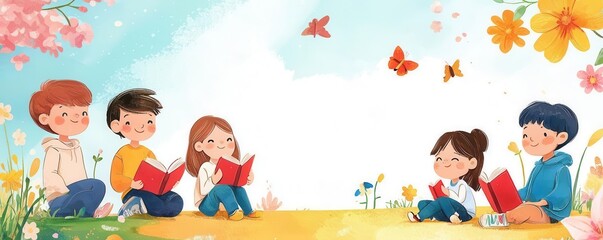 spring time inspired story cute cartoon illustration. Children gathered for spring story time in a colorful garden, flat design illustration
