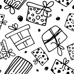Gifts doodle. Packaging. Cute Christmas seamless pattern. New Year's gifts, holiday packaging Christmas. Vector hand drawn illustration in doodle style. Perfect for printing wrapping paper.