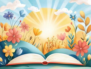 spring time inspired story cute cartoon illustration. Story time with a springthemed book about magical gardens, kids captivated, flat design illustration