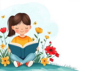 spring time inspired story cute cartoon illustration. Story time with a springthemed book about magical gardens, kids captivated, flat design illustration