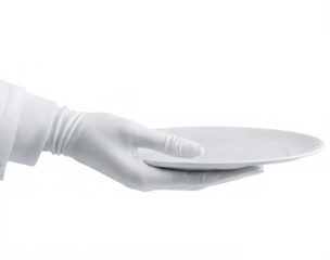 Hand wearing white glove holding silver tray is Waiter