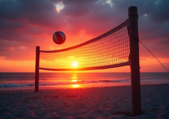 Obraz premium Volleyball in motion against a breathtaking sunset on the beach