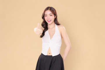 Pretty Asian beauty woman curly long hair with Korean makeup glowing face and healthy facial skin...