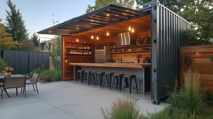 Outdoor shipping container bar with wood accents and seating.