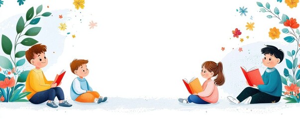 spring time inspired story cute cartoon illustration. Teacher sharing a story about spring festivals, kids listening eagerly, flat design illustration