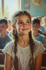 Obraz premium A little girl sitting in front of a group of children in a classroom