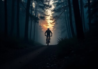 Mountain biker riding through a serene forest at sunset, surrounded by trees and golden light
