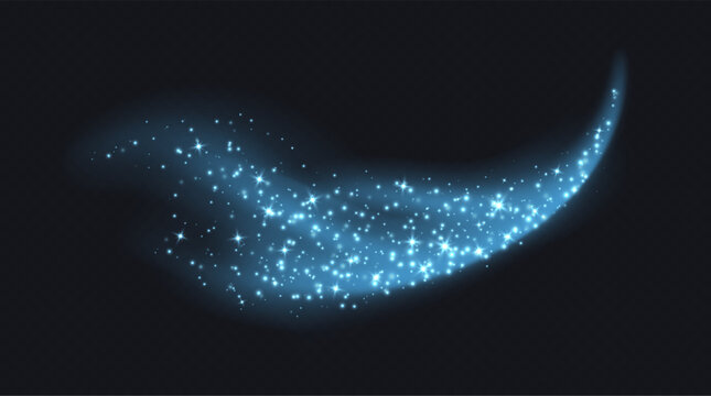 Blue magic cloud with sparkles, stardust sparkling decoration. Glowing glitter smoke trail. Vector illustration.