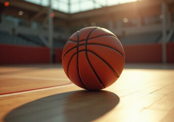 Naklejka premium Basketball resting on a gym floor during golden hour with warm sunlight illuminating the court