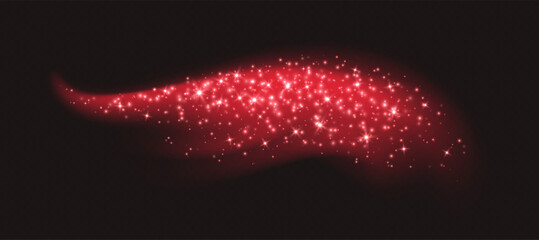 Red magic cloud with sparkles, stardust sparkling decoration. Glowing glitter smoke trail. Christmas vector illustration.