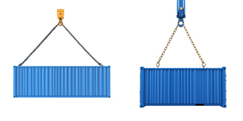 Set of a 3D realistic blue shipping container hanging from a crane hook, isolated on a transparent background.
