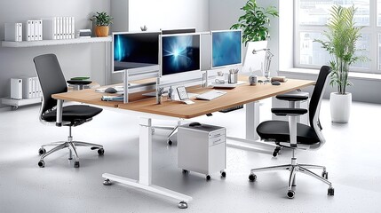 Modern Office Workspace with Desk, Chairs, and Monitors.