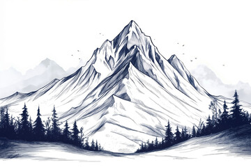 A black and white drawing of a mountain with trees