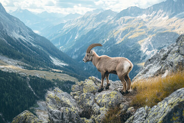Switzerland wildlife, Ibex (Capra ibex) with horns in alpine landscape