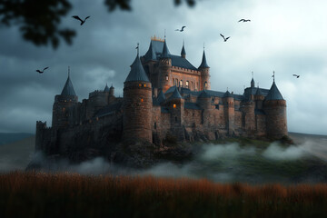 Obraz premium A large gloomy castle on a misty meadow background...