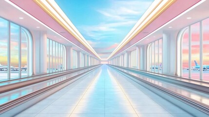 Empty conveyor belt under bright airport lights, clean lines, travel waiting time concept with minimalist style