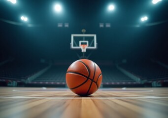 Obraz premium Basketball in an empty gym with lights shining brightly and focus on the court