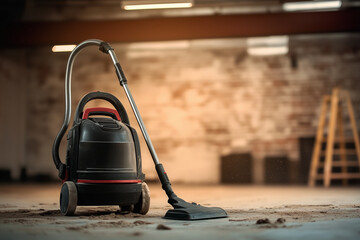Fototapeta premium An industrial vacuum cleaner on the floor of a construction site background with copy space.