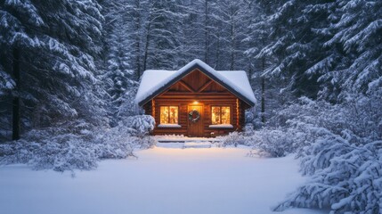 A cozy Christmas cabin surrounded by deep snow, with a warm light shining through the windows and a wreath on the front door, nestled in a forest of frosted pine trees
