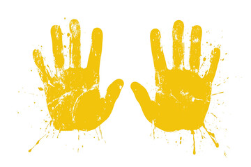 Two yellow handprints, isolated on a transparent background.