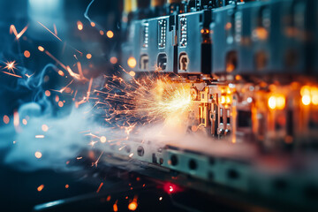 A box with circuit breakers sparking and smoking in a short circuit...