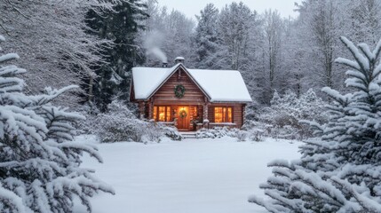 A cozy Christmas cabin surrounded by deep snow, with a warm light shining through the windows and a wreath on the front door, nestled in a forest of frosted pine trees