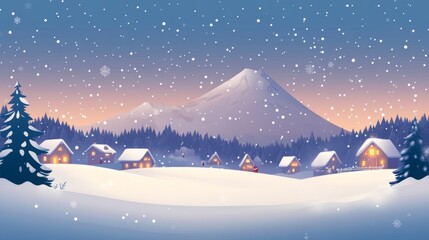 Naklejka premium A serene winter landscape with gently falling snowflakes, a distant snow-covered mountain, and a festive Christmas village with twinkling lights glowing in the cold nigh