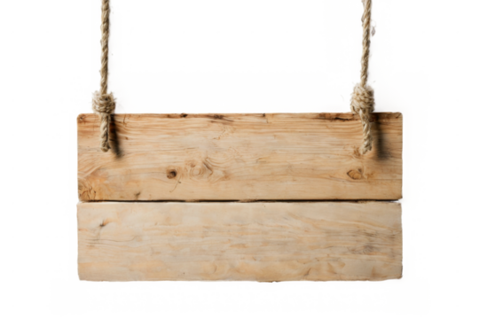 Wooden sign hanging from two ropes rectangular shape
