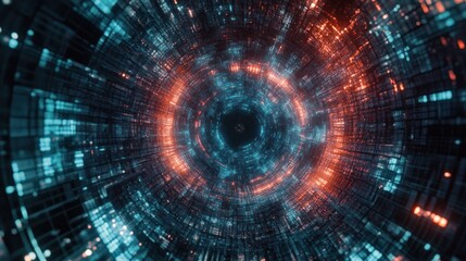 Obraz premium A vibrant, abstract digital tunnel with glowing blue and orange lights.