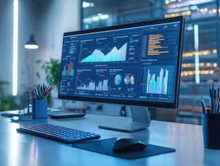 Fototapeta premium Modern Desktop Workspace with Large Screen Displaying Data Analysis, Graphs, and Charts in a Stylish Office Setting with Natural Light and Greenery