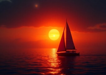Sunset glow reflected on ocean waves as a sailboat glides through tranquil waters in daytime golden hour