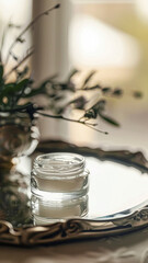 Naklejka premium Cosmetic cream in a glass jar. Skin care concept. Cosmetic products background