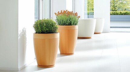 modern interior design concept. Stylish indoor planters line a bright space, showcasing lush greenery and adding a touch of nature to the modern decor.