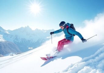 Snowboarder glides down a pristine mountain slope under a bright sun in a winter wonderland adventure