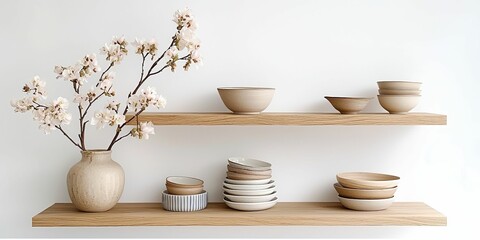 modern interior design concept. A minimalist display of ceramic bowls and a floral arrangement on wooden shelves against a light wall, showcasing modern decor aesthetics.