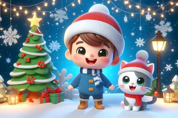 Creative image of  3D cartoon like boy and his pets at christmas festival