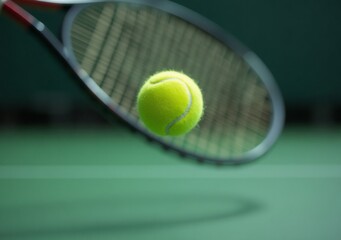 Tennis ball in motion during a game as it approaches the racket on a green court