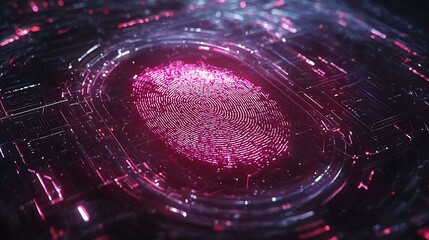 A digital close-up of a thumbprint being scanned on a futuristic holographic interface