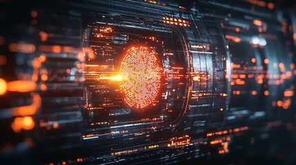 A digital close-up of a thumbprint being scanned on a futuristic holographic interface