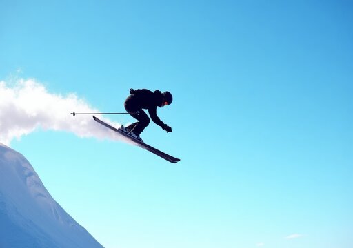 Ski jumper performs aerial trick against a clear blue sky in a mountain setting during winter sports activities - Powered by Adobe