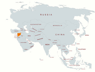 Fototapeta premium Map of Asia Highlighting Syria Among Neighboring Countries