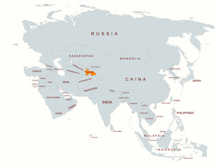 Fototapeta premium Map of Asia Highlighting Tajikistan Among Neighboring Countries