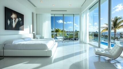 Fototapeta premium Modern white bedroom with ocean view, large windows, and minimalist furniture.