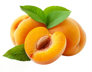 Three whole apricots green leaf top apricot center Delicious with leaves